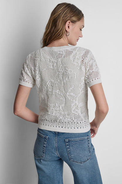 LACE STITCH BUTTON FRONT CARDIGAN Ivory | DKNY