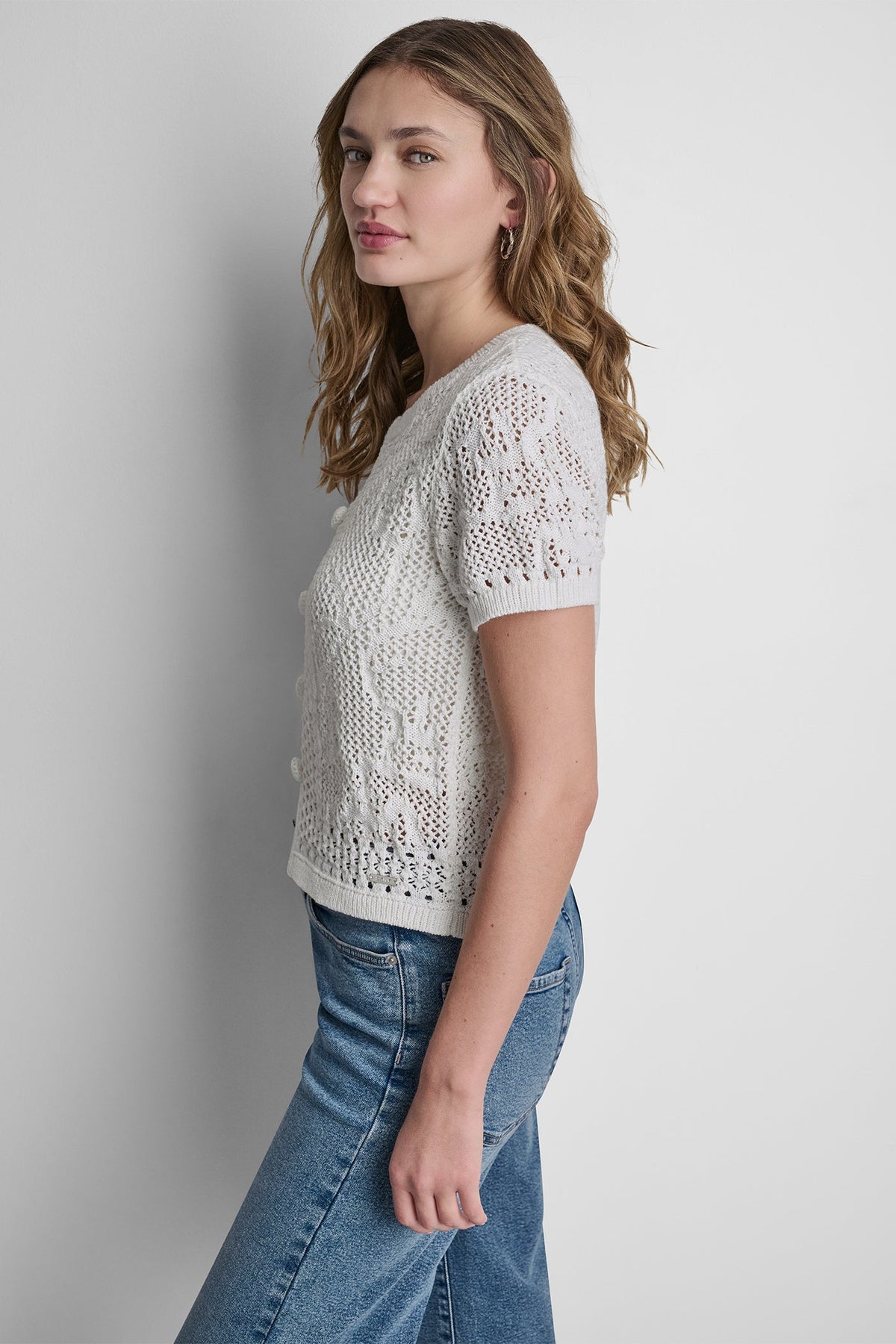 LACE STITCH BUTTON FRONT CARDIGAN Ivory | DKNY
