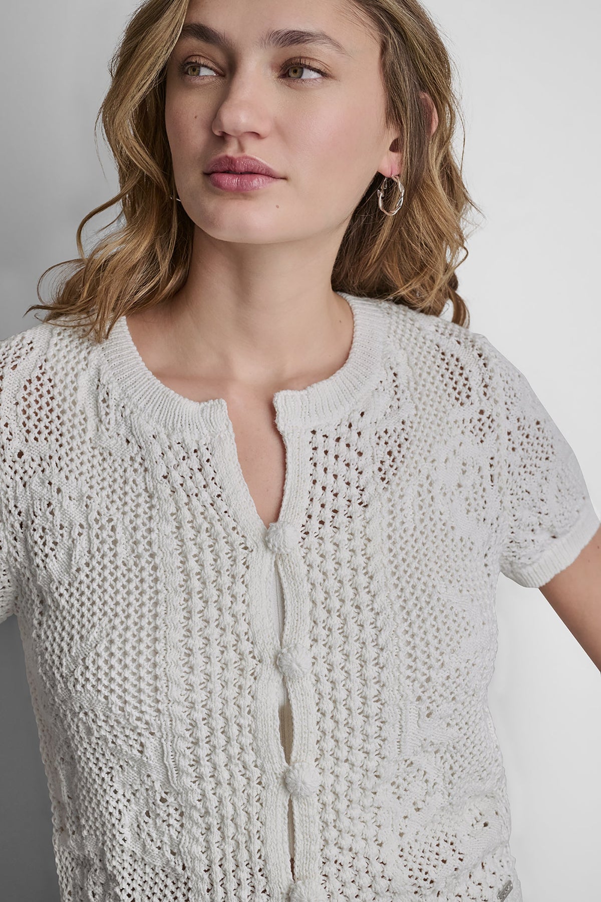 LACE STITCH BUTTON FRONT CARDIGAN Ivory | DKNY