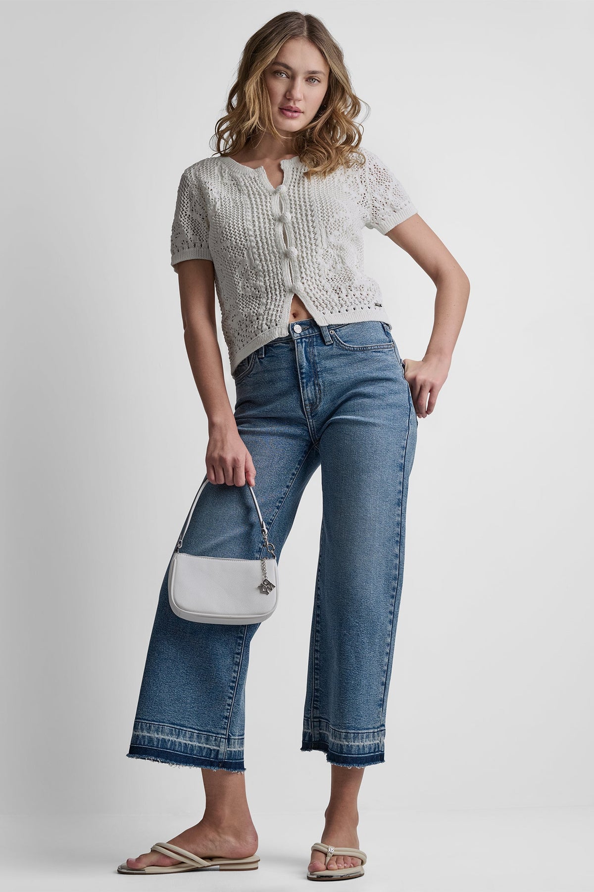 LACE STITCH BUTTON FRONT CARDIGAN Ivory | DKNY