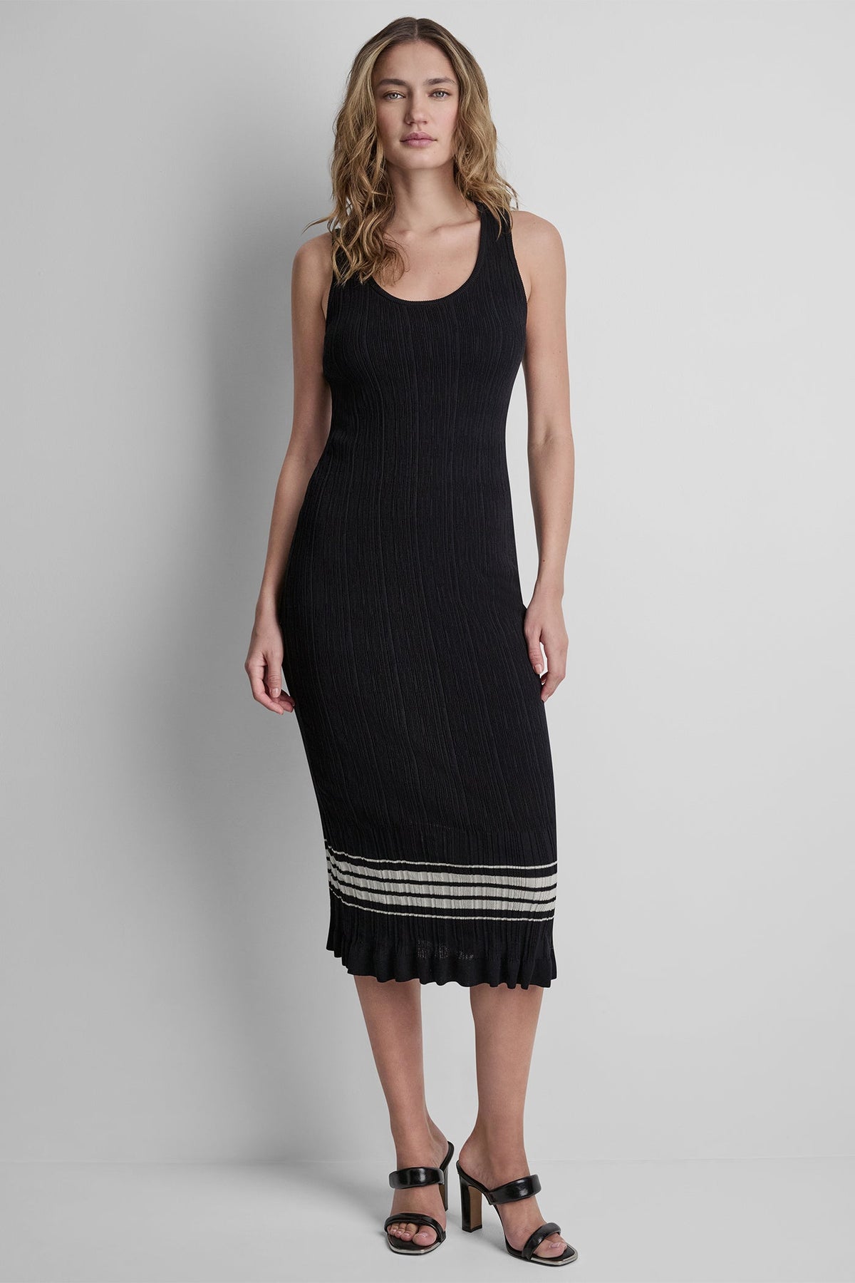 RIBBED COTTON-BLEND STRIPE MIDI SWEATER DRESS Black/Coconut | DKNY
