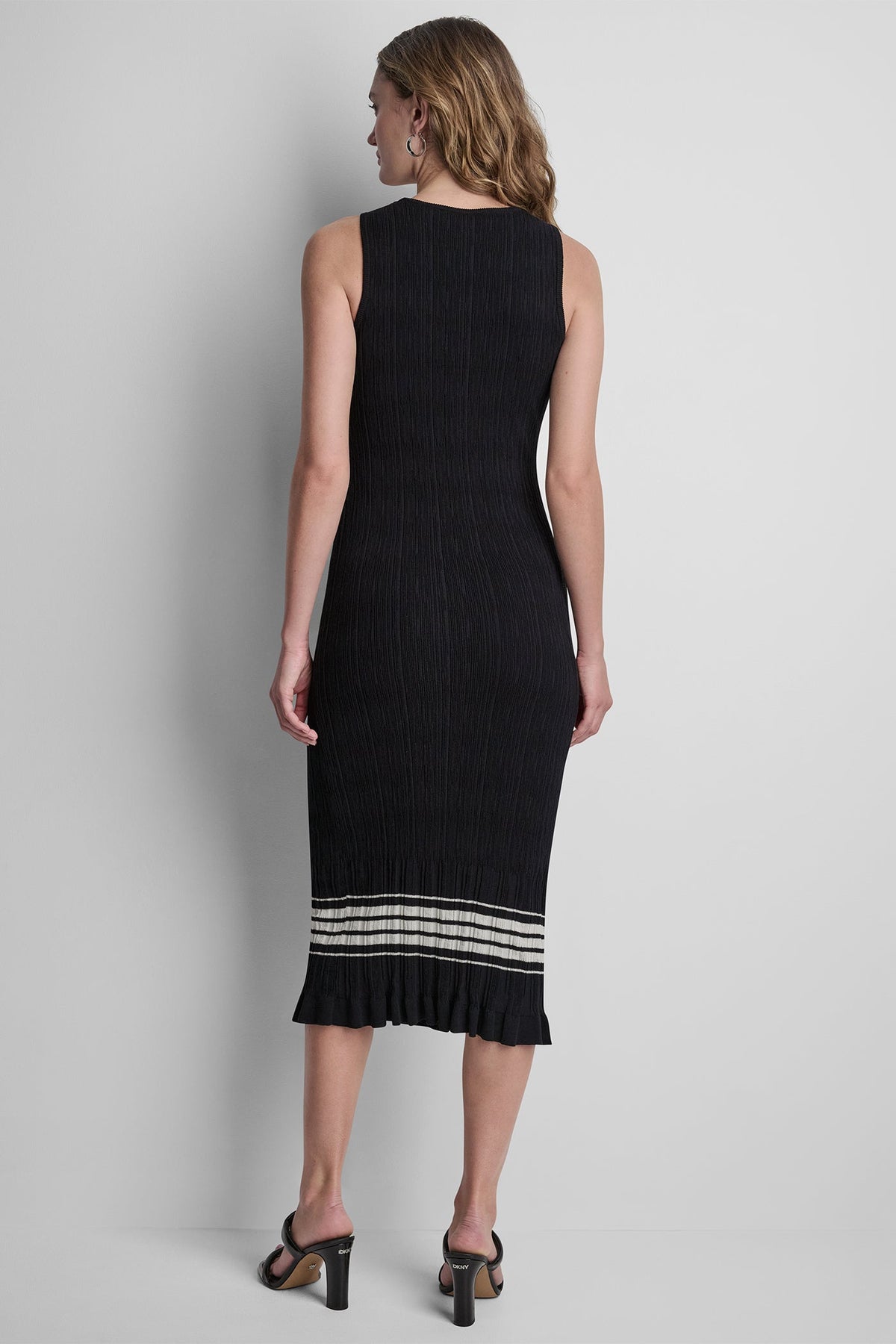 RIBBED COTTON-BLEND STRIPE MIDI SWEATER DRESS Black/Coconut | DKNY