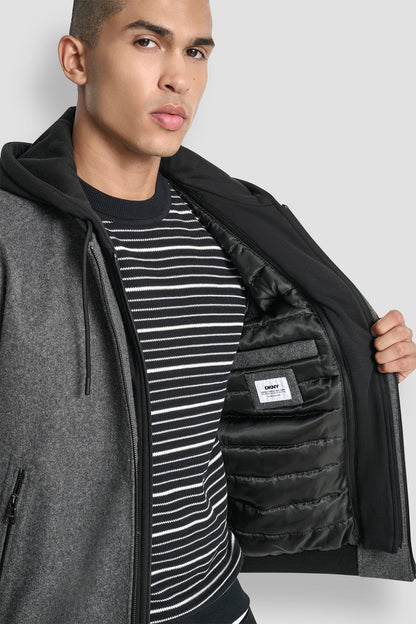 FAUX WOOL BOMBER WITH HOODED BIB Black | DKNY