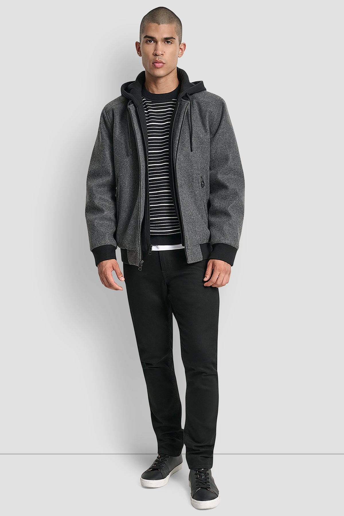 FAUX WOOL BOMBER WITH HOODED BIB Black | DKNY