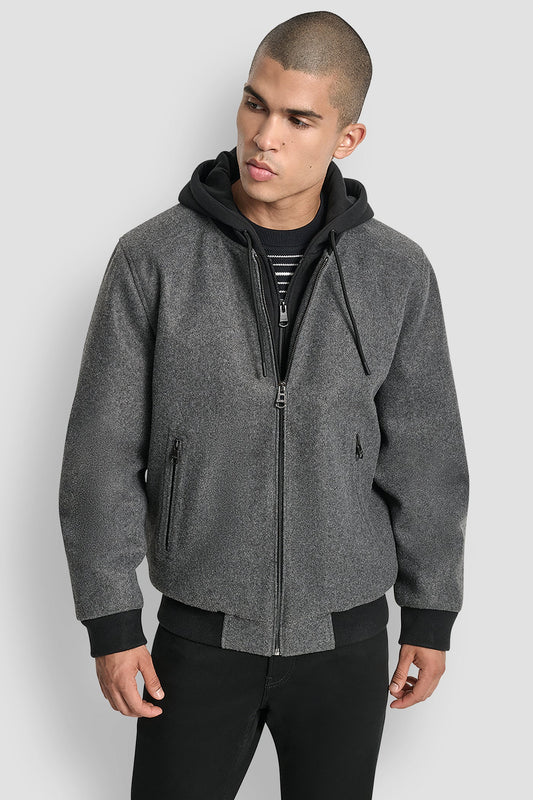 FAUX WOOL BOMBER WITH HOODED BIB Black | DKNY
