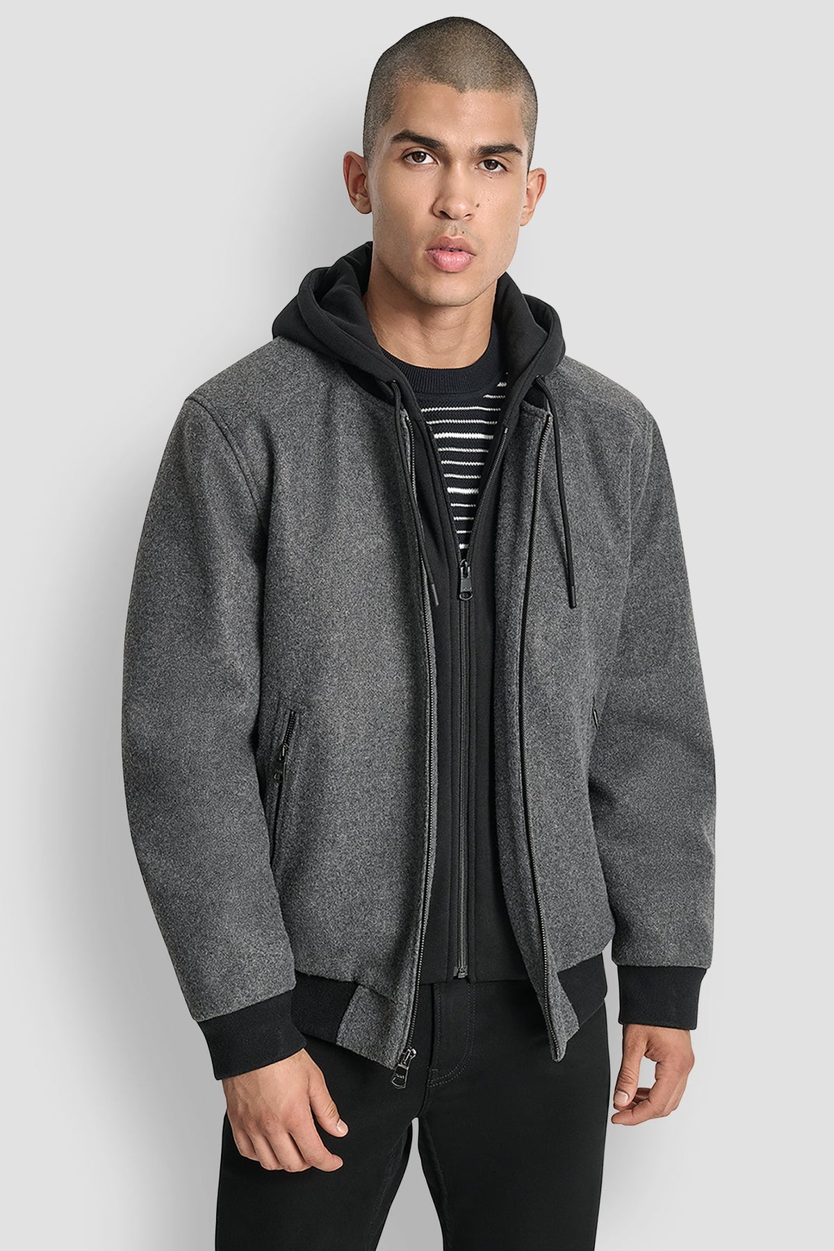 FAUX WOOL BOMBER WITH HOODED BIB Black | DKNY