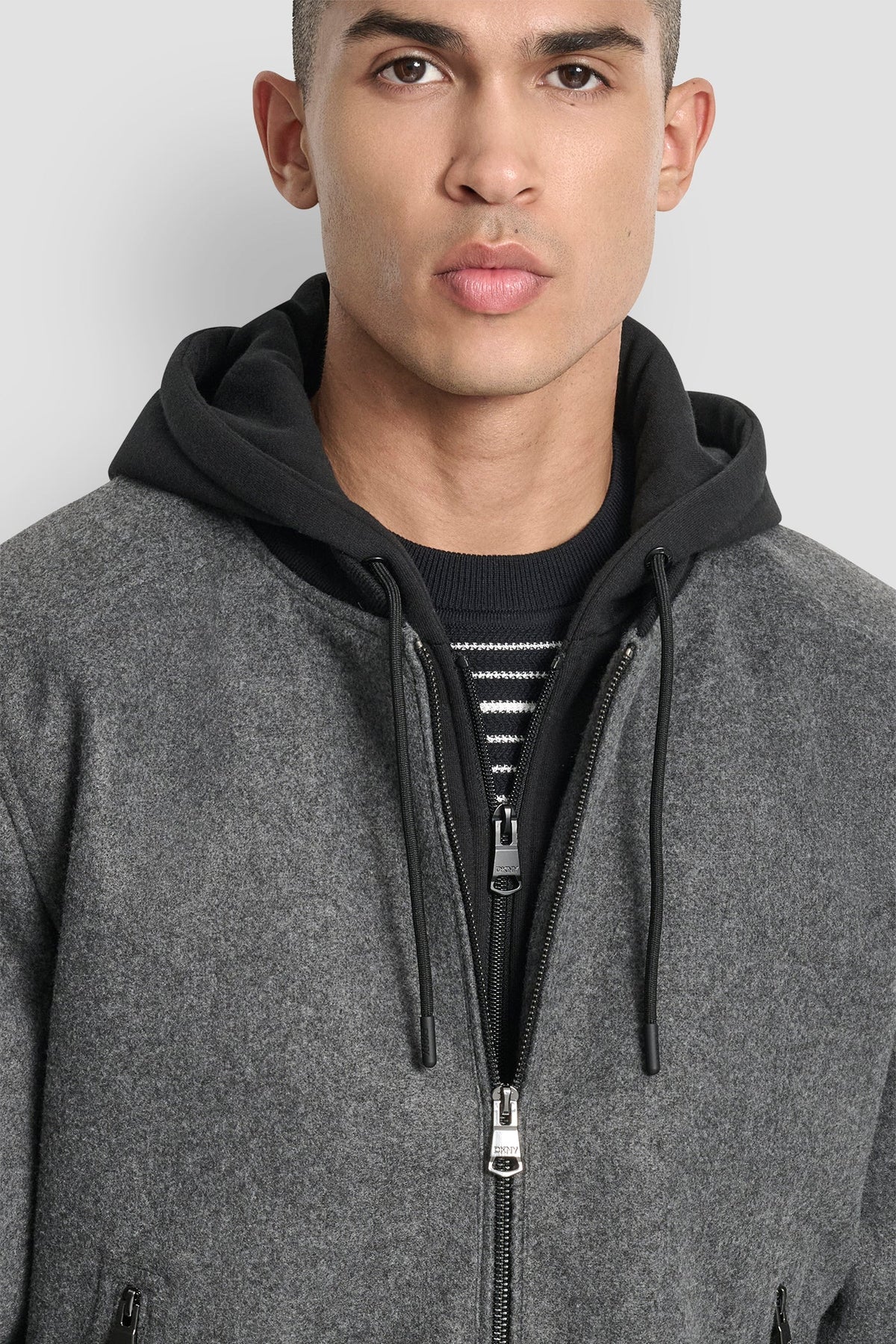 FAUX WOOL BOMBER WITH HOODED BIB Black | DKNY