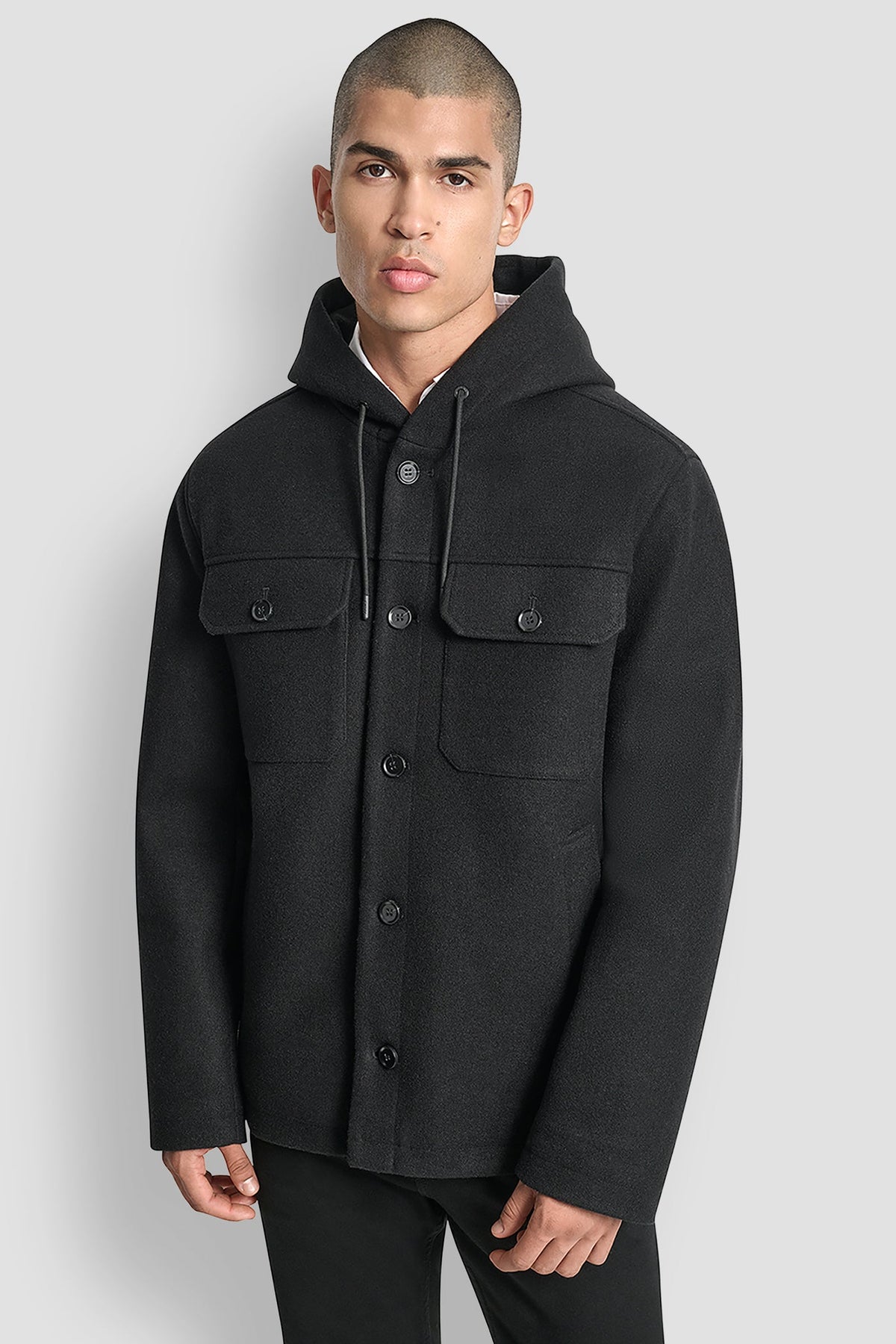 FAUX WOOL HOODED SHIRT JACKET Black | DKNY