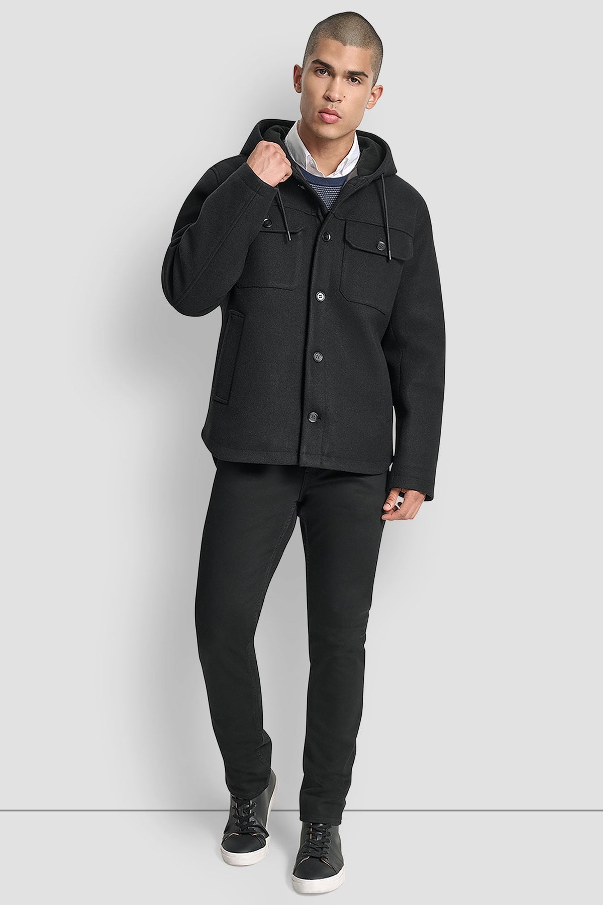 FAUX WOOL HOODED SHIRT JACKET Black | DKNY