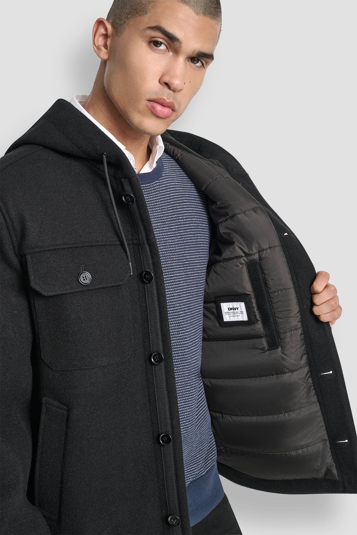 FAUX WOOL HOODED SHIRT JACKET Black | DKNY