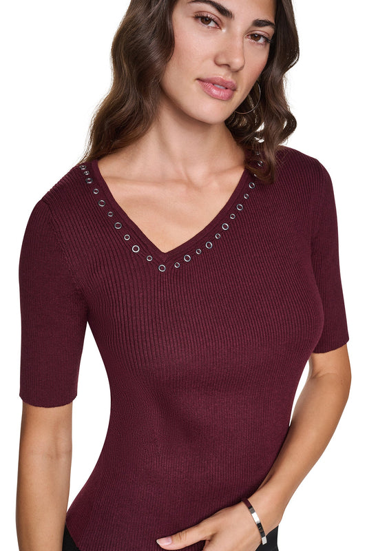ASYMMETRIC NECK STUDDED SWEATER Putty | DKNY