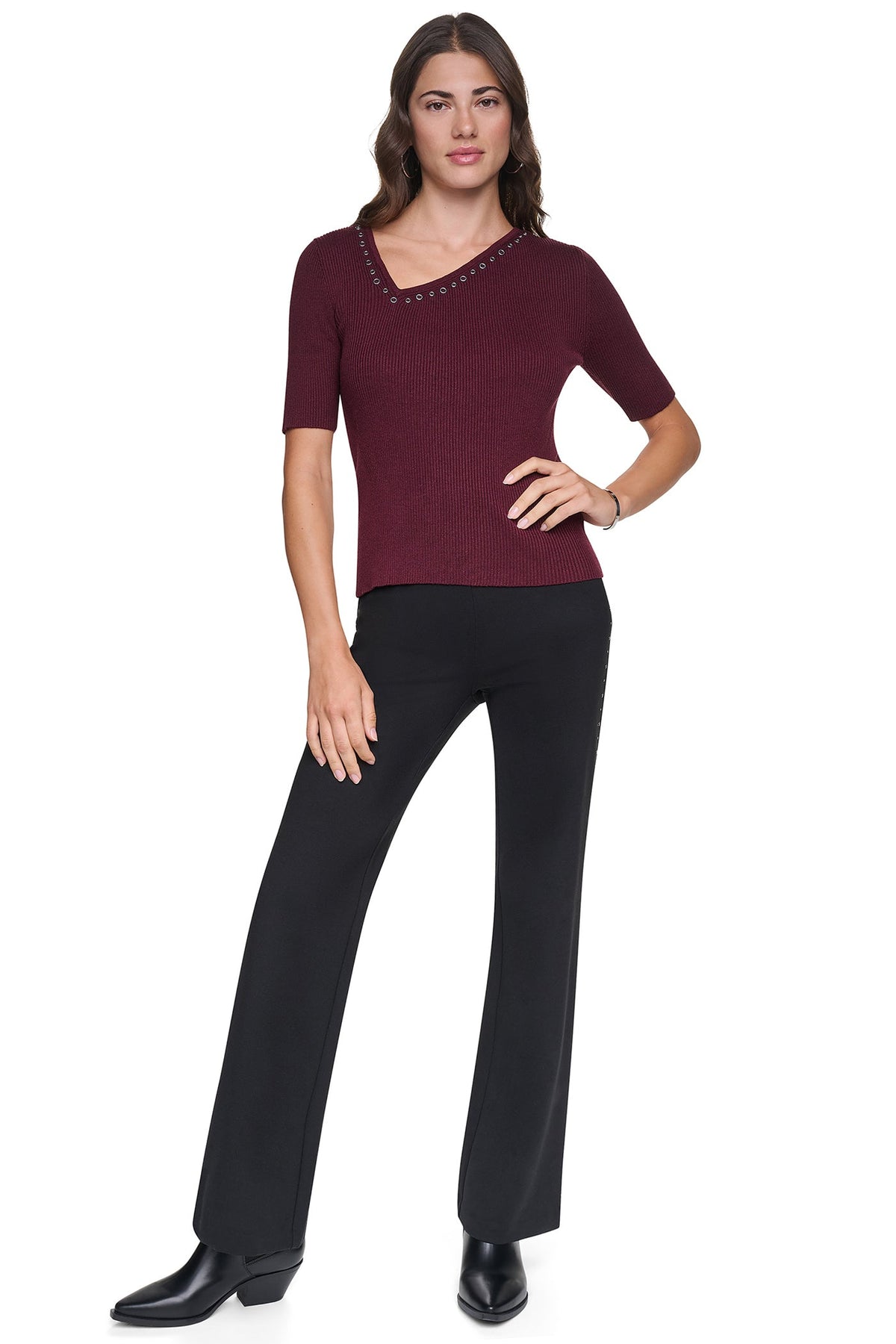 ASYMMETRIC NECK STUDDED SWEATER Putty | DKNY