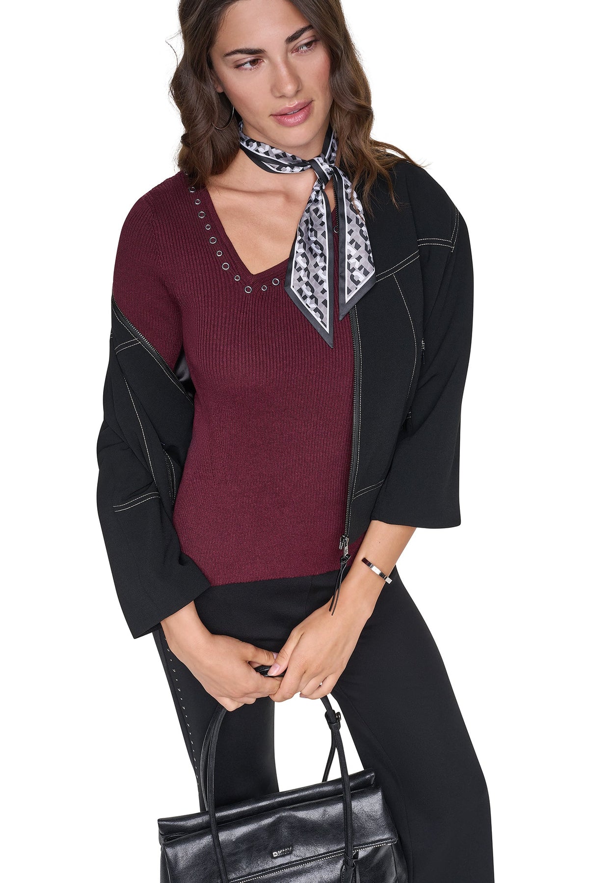 ASYMMETRIC NECK STUDDED SWEATER Putty | DKNY