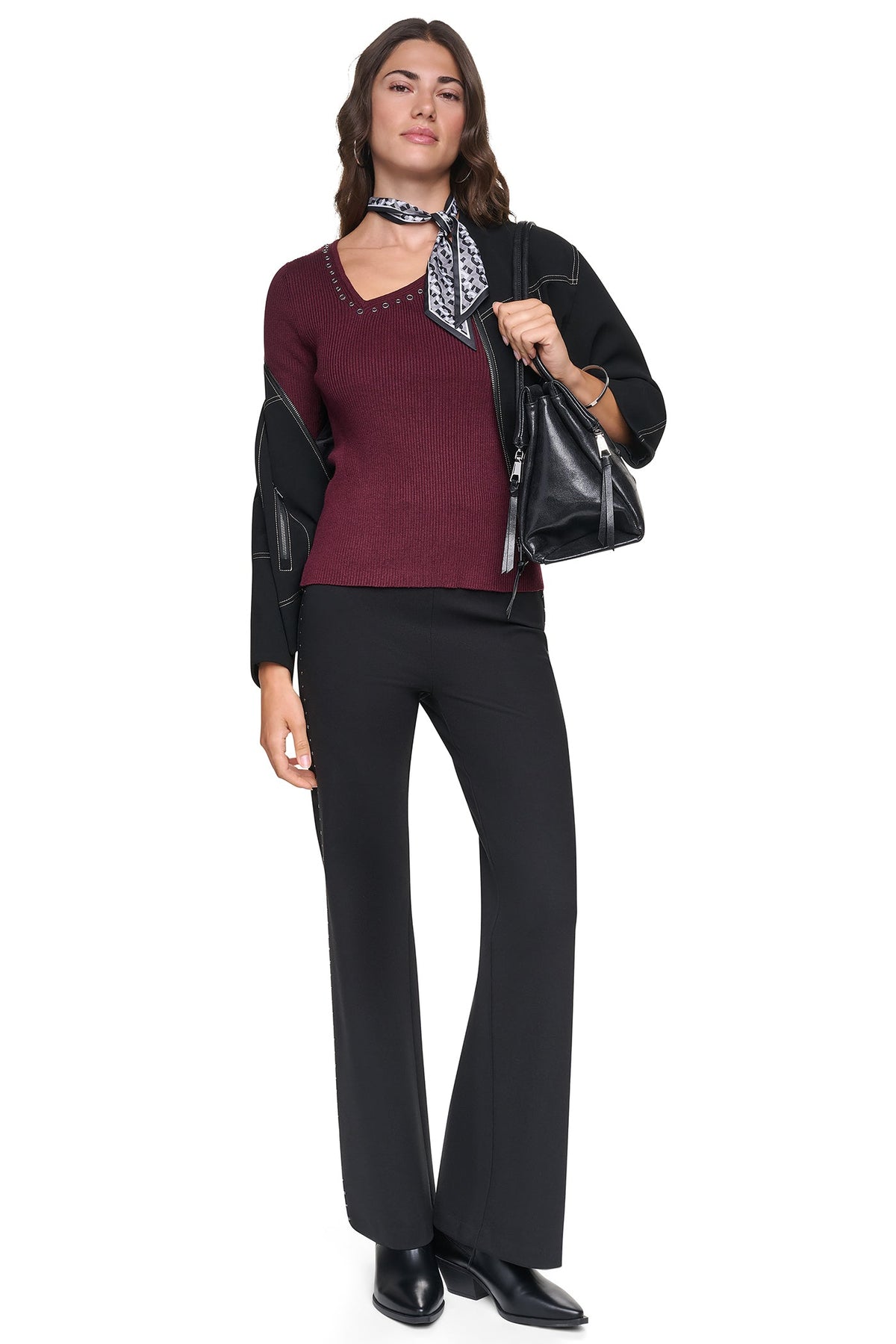 ASYMMETRIC NECK STUDDED SWEATER Putty | DKNY