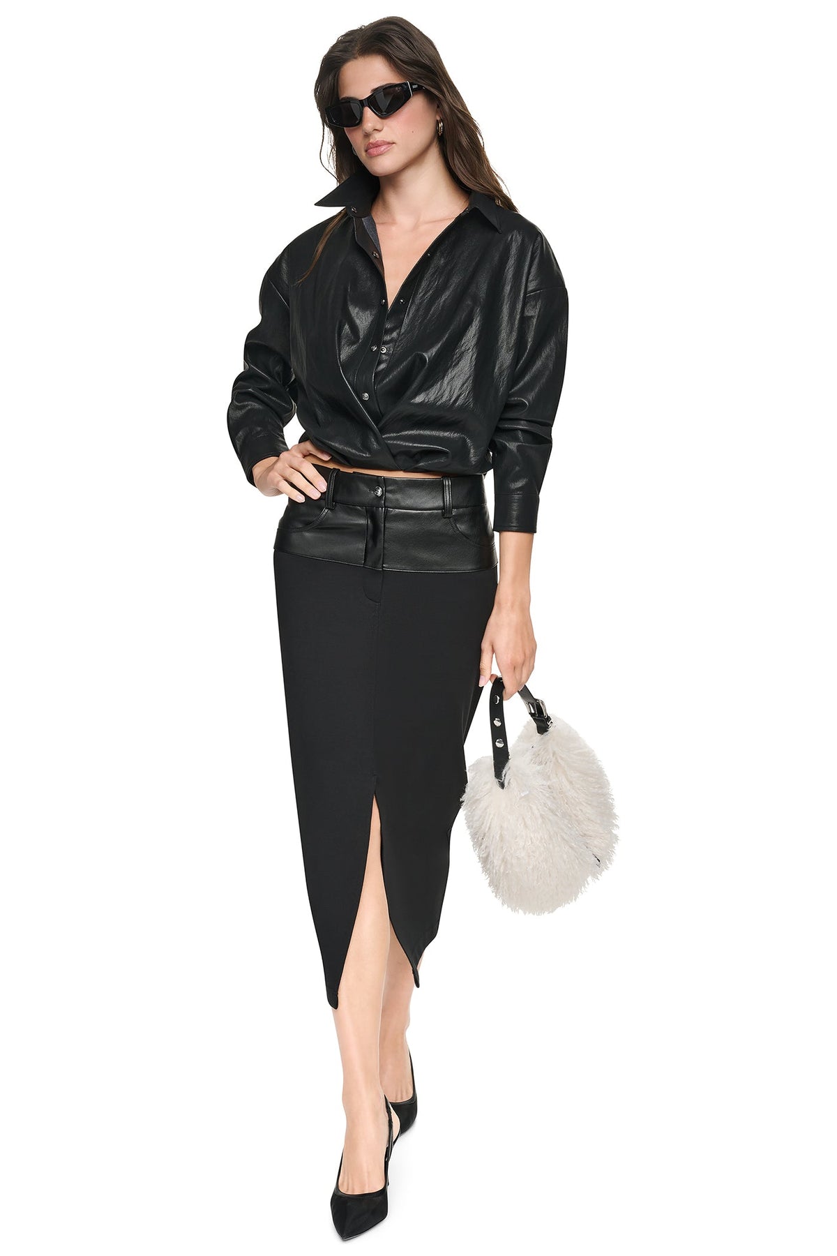 MIXED MEDIA SPLIT FRONT MIDI SKIRT Black | DKNY