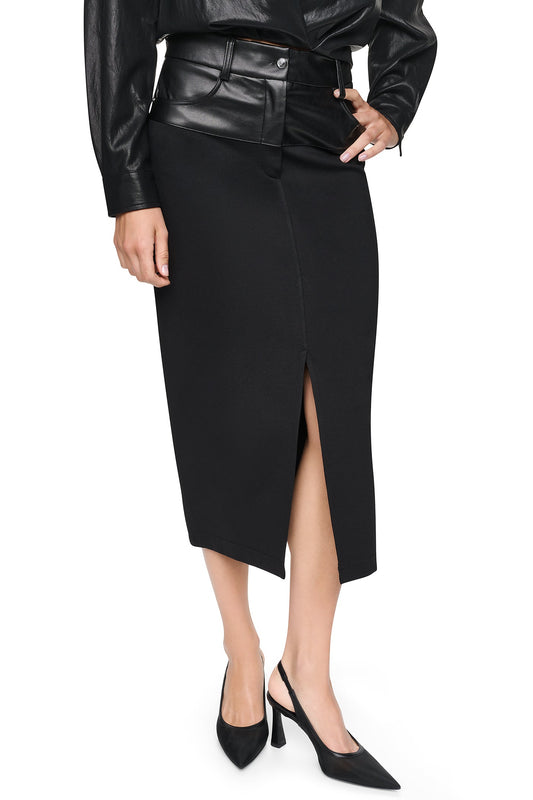 MIXED MEDIA SPLIT FRONT MIDI SKIRT Black | DKNY