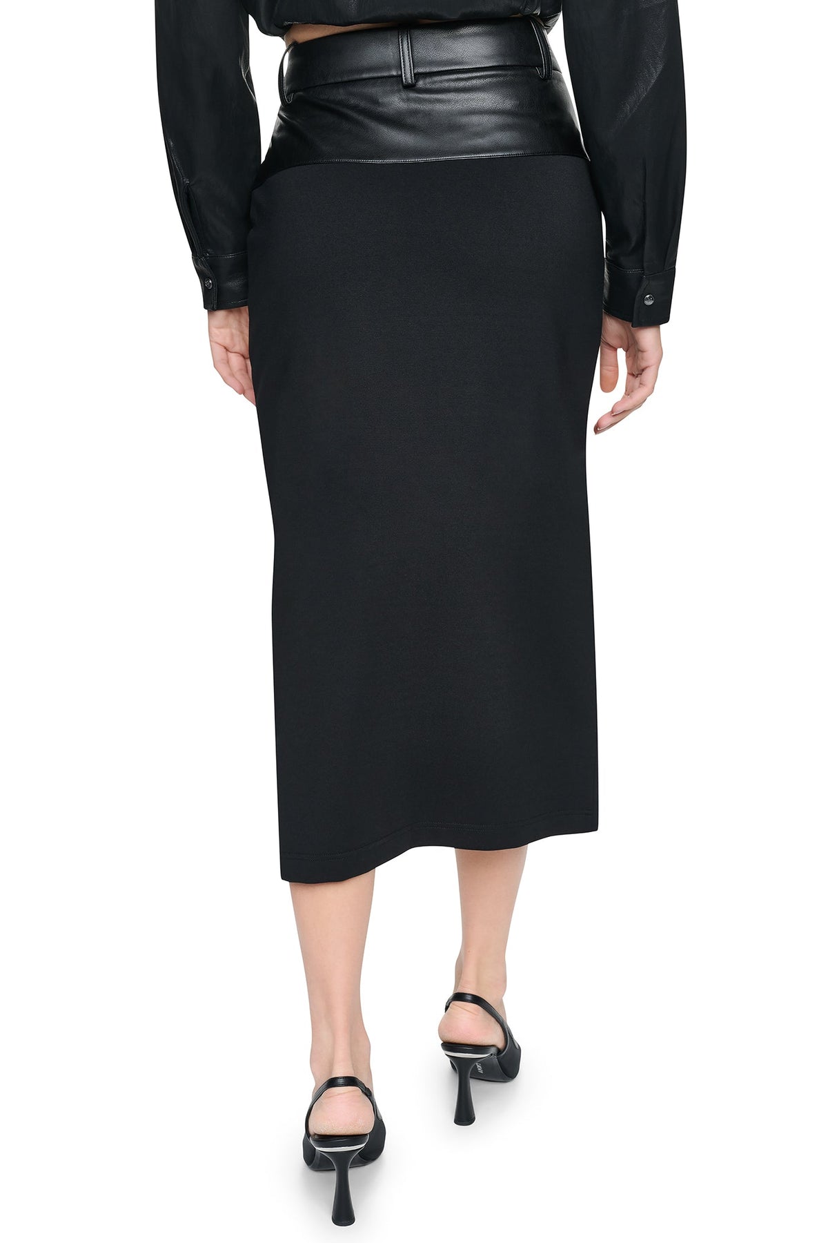 MIXED MEDIA SPLIT FRONT MIDI SKIRT Black | DKNY