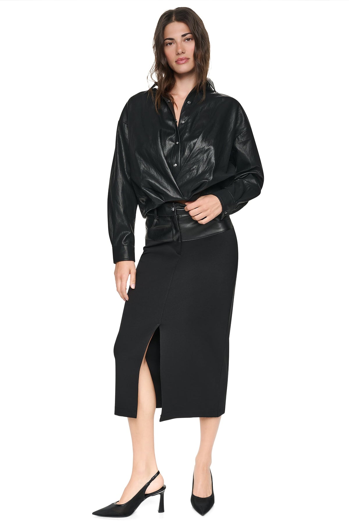 MIXED MEDIA SPLIT FRONT MIDI SKIRT Black | DKNY