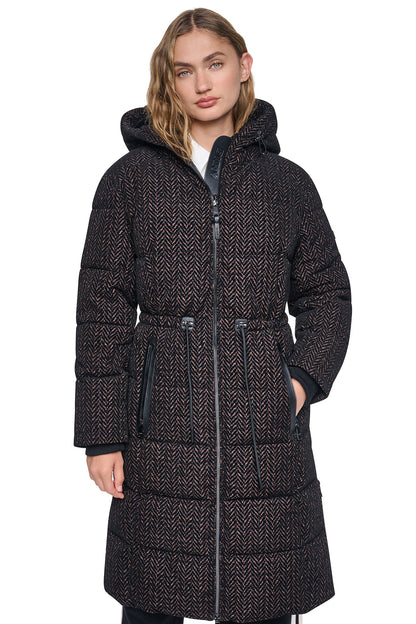 MAXI PUFFER COAT WITH HOOD Brown Herringbone | DKNY