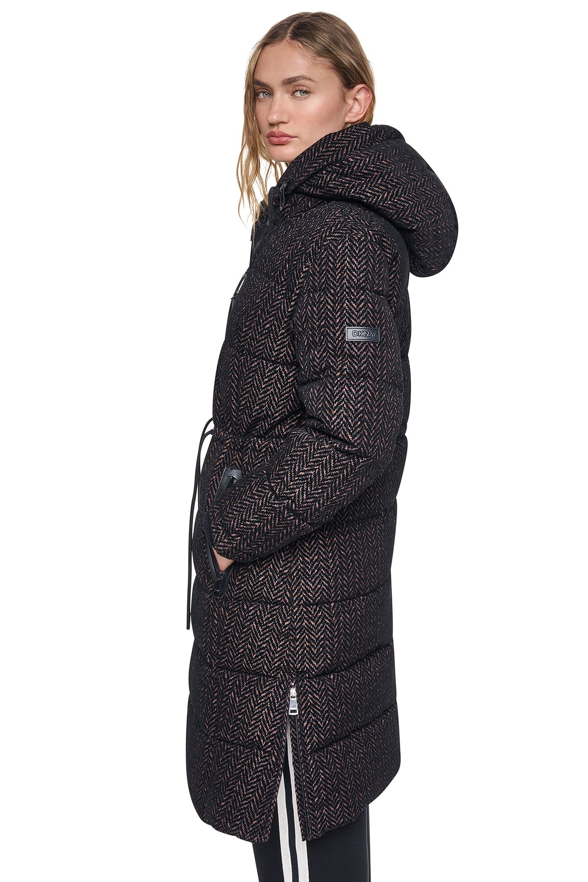 MAXI PUFFER COAT WITH HOOD Brown Herringbone | DKNY