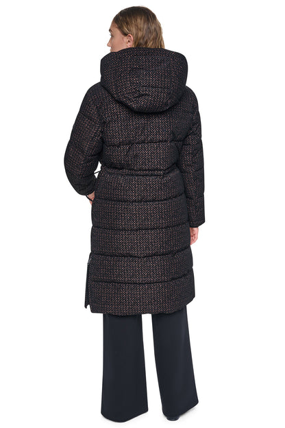 MAXI PUFFER COAT WITH HOOD Brown Herringbone | DKNY