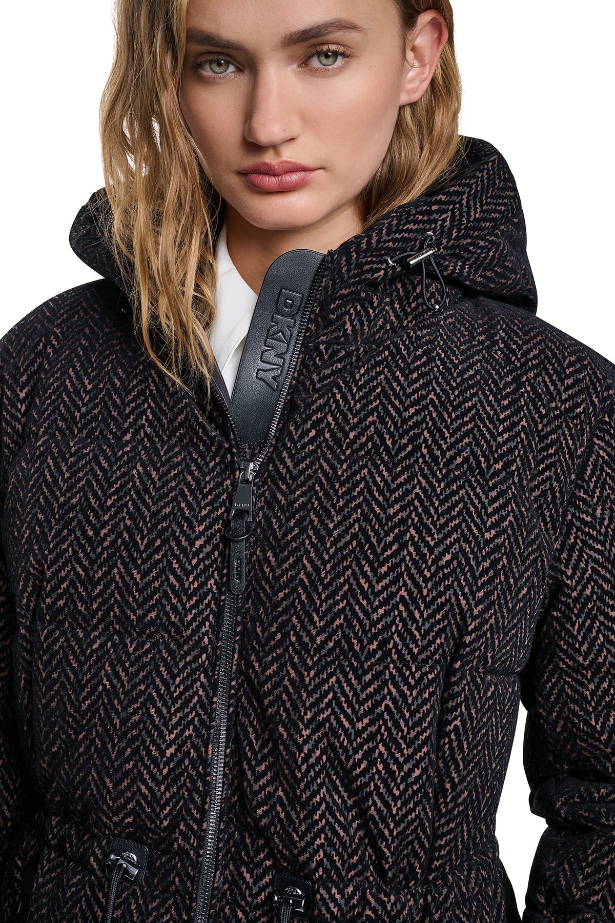 MAXI PUFFER COAT WITH HOOD Brown Herringbone | DKNY