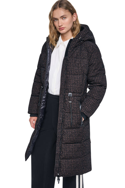 MAXI PUFFER COAT WITH HOOD Brown Herringbone | DKNY