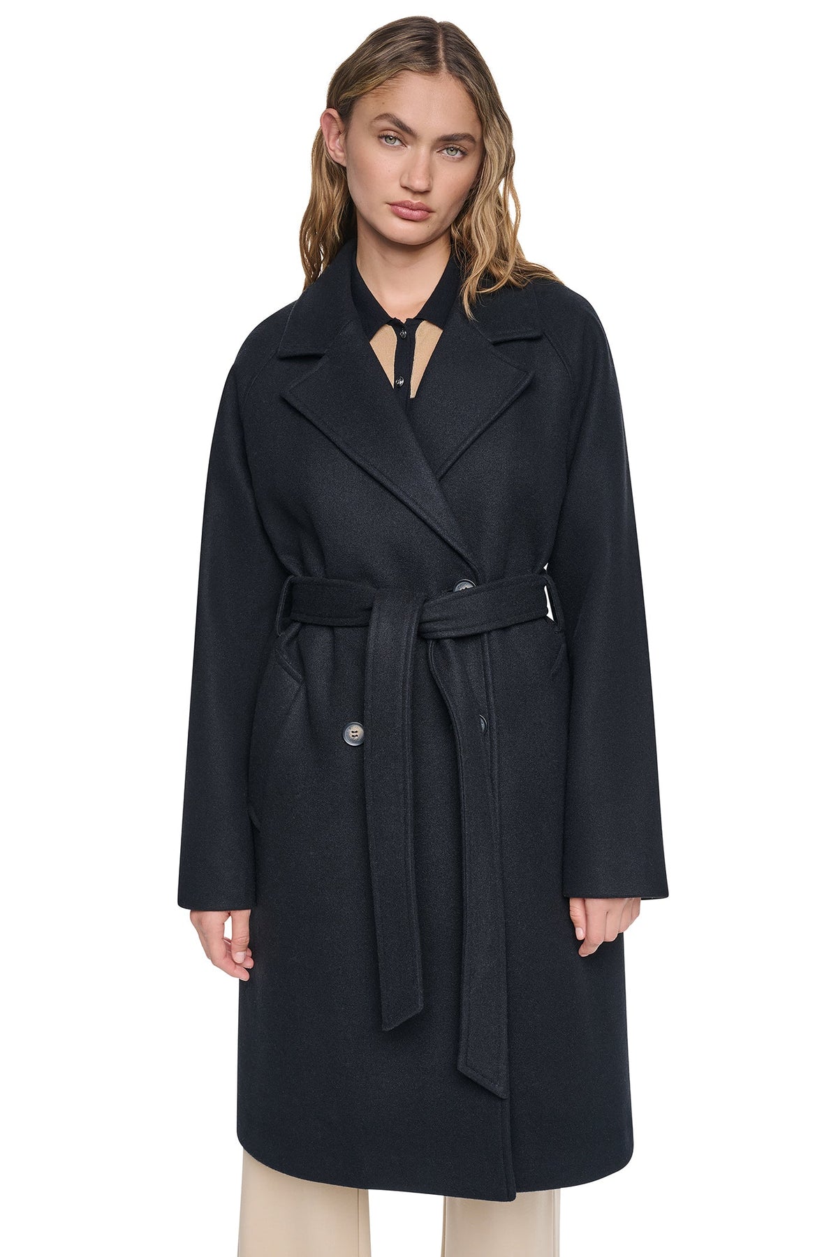 DOUBLE BREASTED WRAP COAT Mid Grey Melange | DKNY