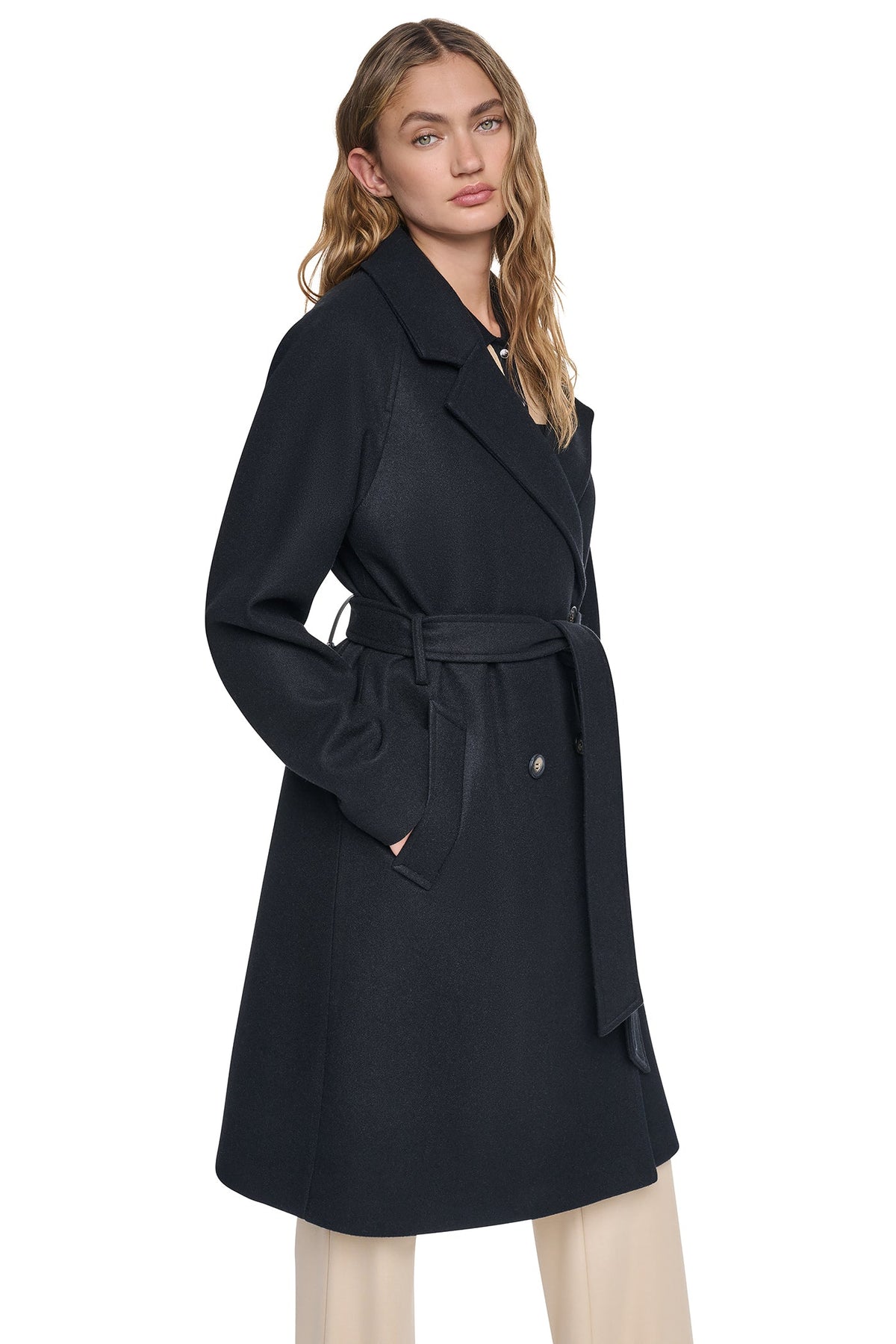 DOUBLE BREASTED WRAP COAT Mid Grey Melange | DKNY