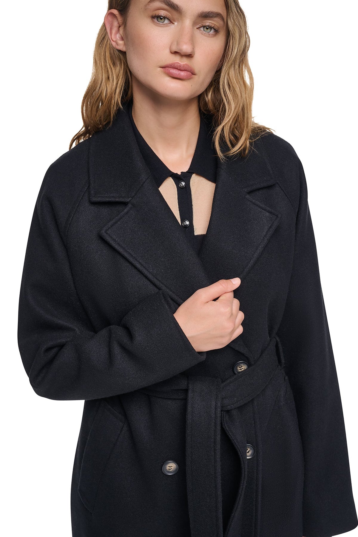 DOUBLE BREASTED WRAP COAT Mid Grey Melange | DKNY