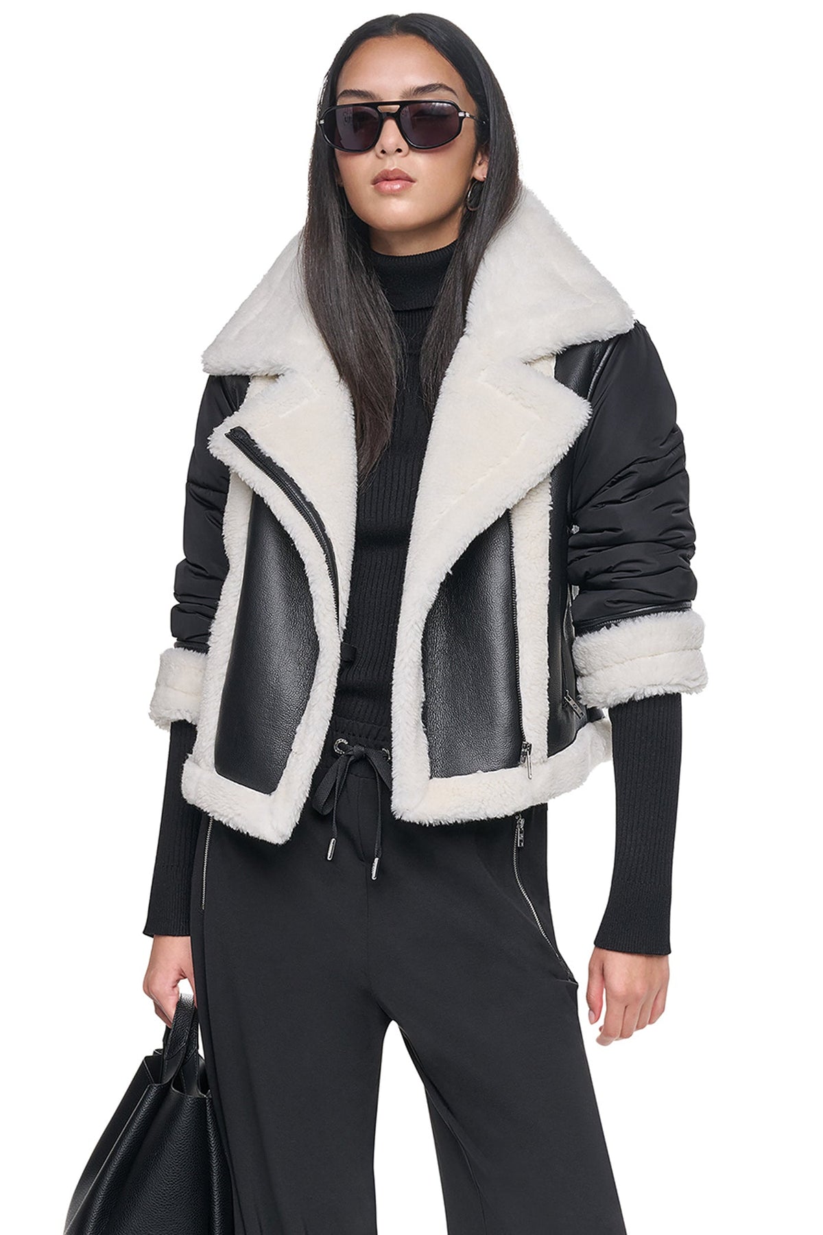 PUFF SLEEVE FAUX SHEARLING JACKET Black/Black | DKNY