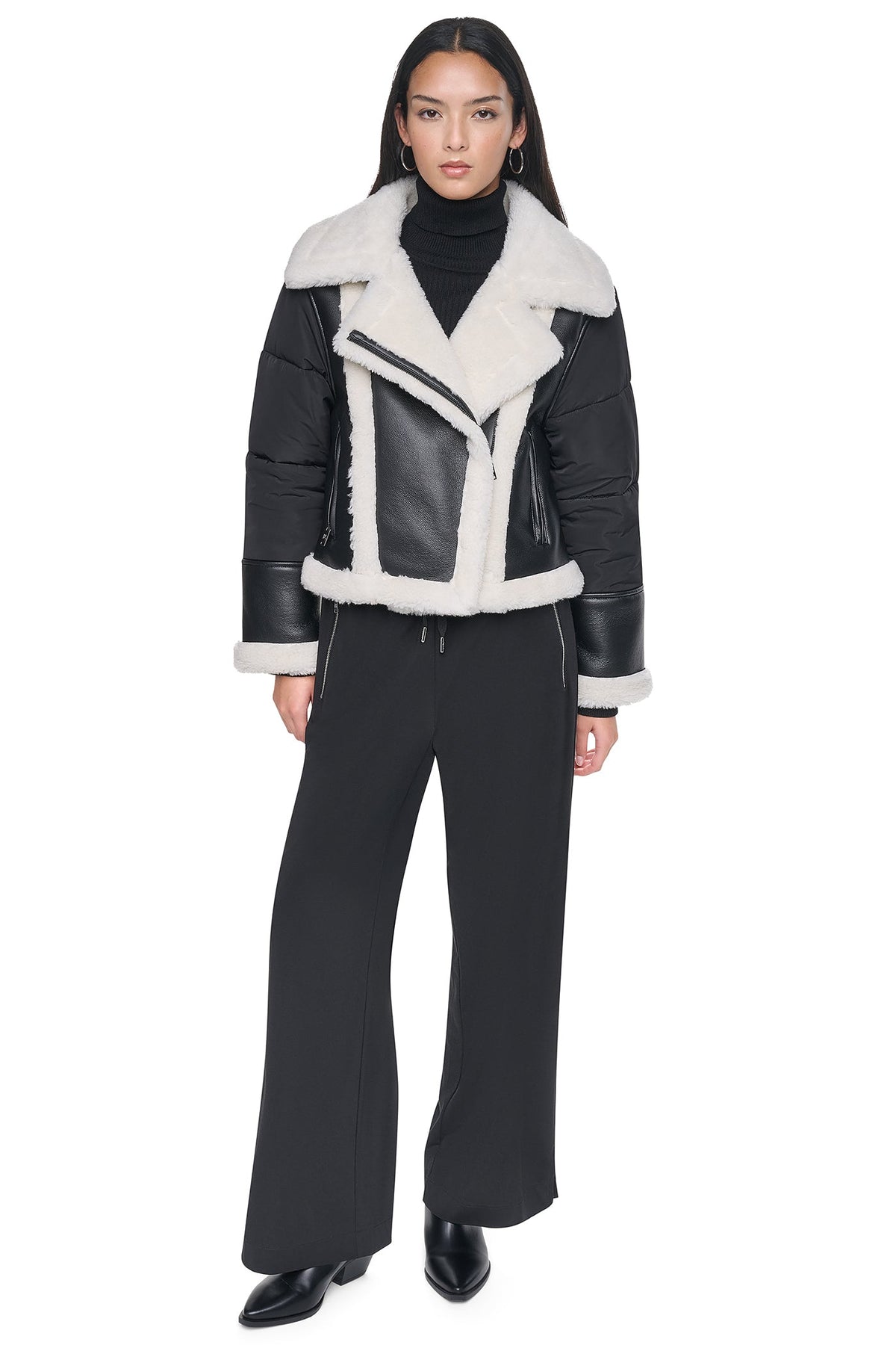 PUFF SLEEVE FAUX SHEARLING JACKET Black/Black | DKNY
