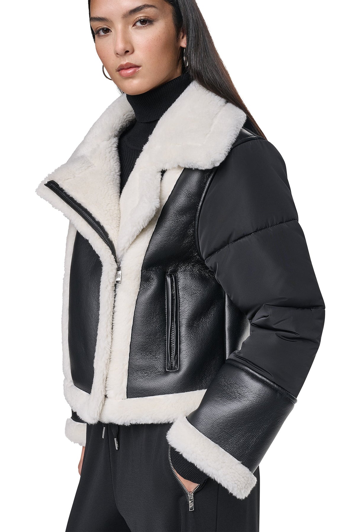 PUFF SLEEVE FAUX SHEARLING JACKET Black/Black | DKNY