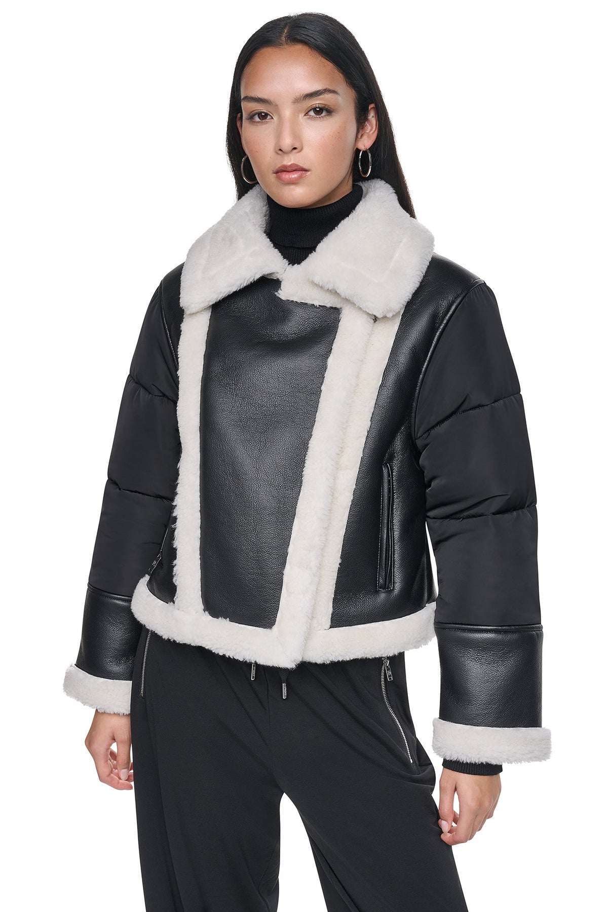 PUFF SLEEVE FAUX SHEARLING JACKET Black/Black | DKNY