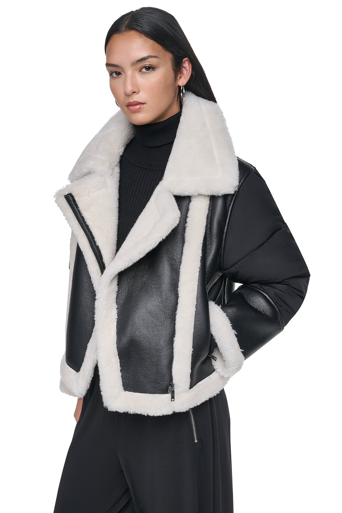PUFF SLEEVE FAUX SHEARLING JACKET Black/Black | DKNY