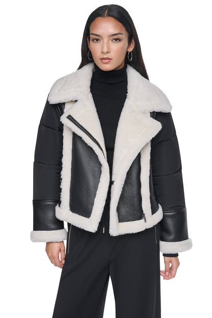 PUFF SLEEVE FAUX SHEARLING JACKET Black/Black | DKNY