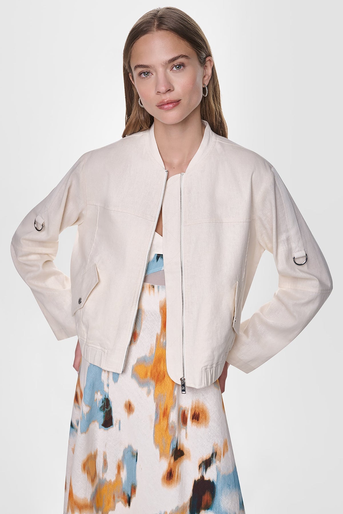 LINEN-BLEND ROLL-TAB SLEEVE BOMBER JACKET Coconut | DKNY