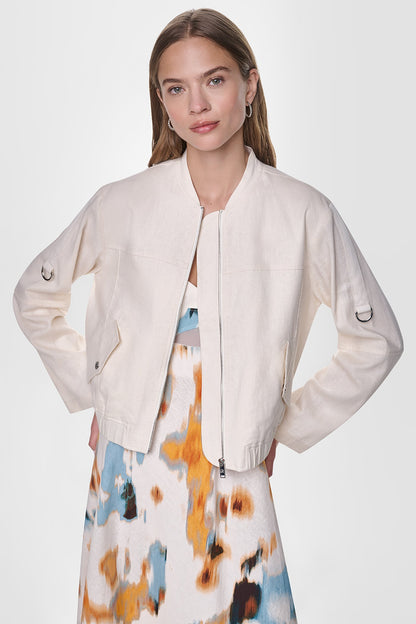 LINEN-BLEND ROLL-TAB SLEEVE BOMBER JACKET Coconut | DKNY