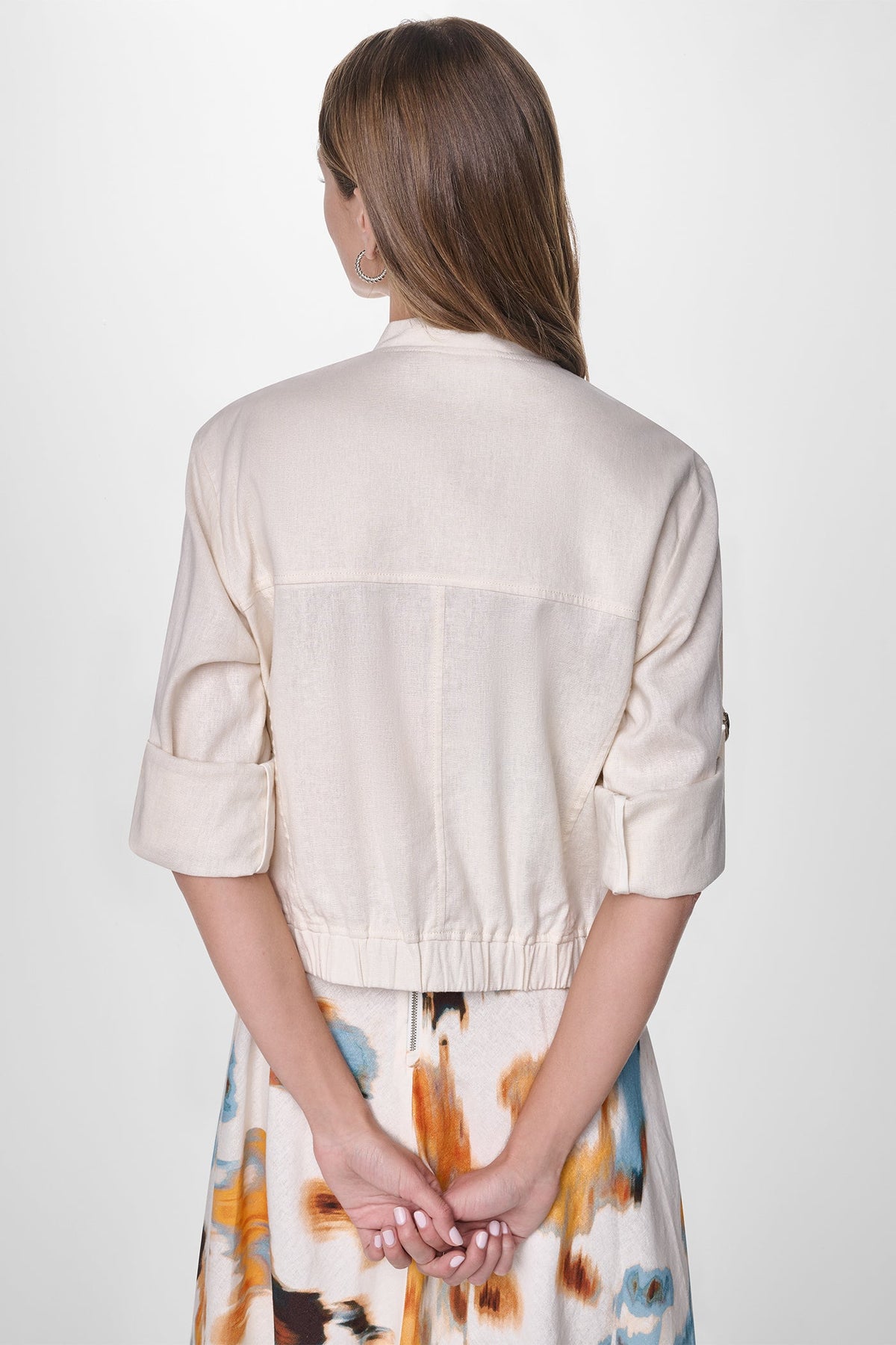LINEN-BLEND ROLL-TAB SLEEVE BOMBER JACKET Coconut | DKNY