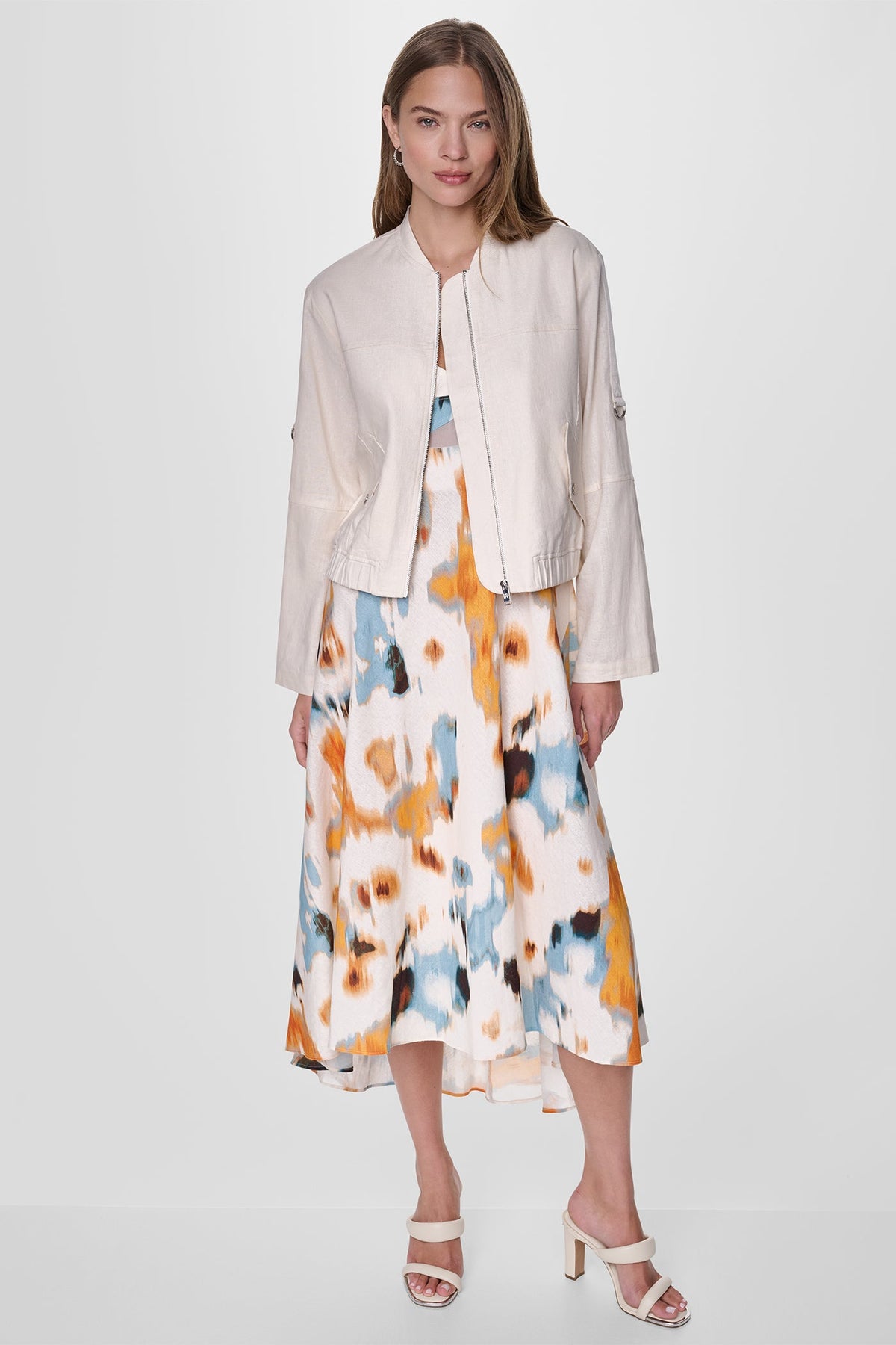 LINEN-BLEND ROLL-TAB SLEEVE BOMBER JACKET Coconut | DKNY