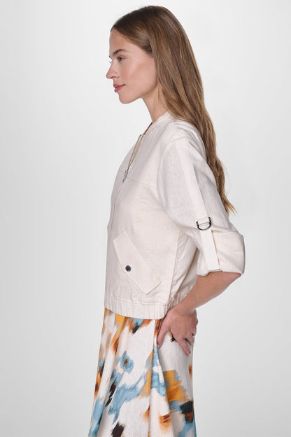 LINEN-BLEND ROLL-TAB SLEEVE BOMBER JACKET Coconut | DKNY