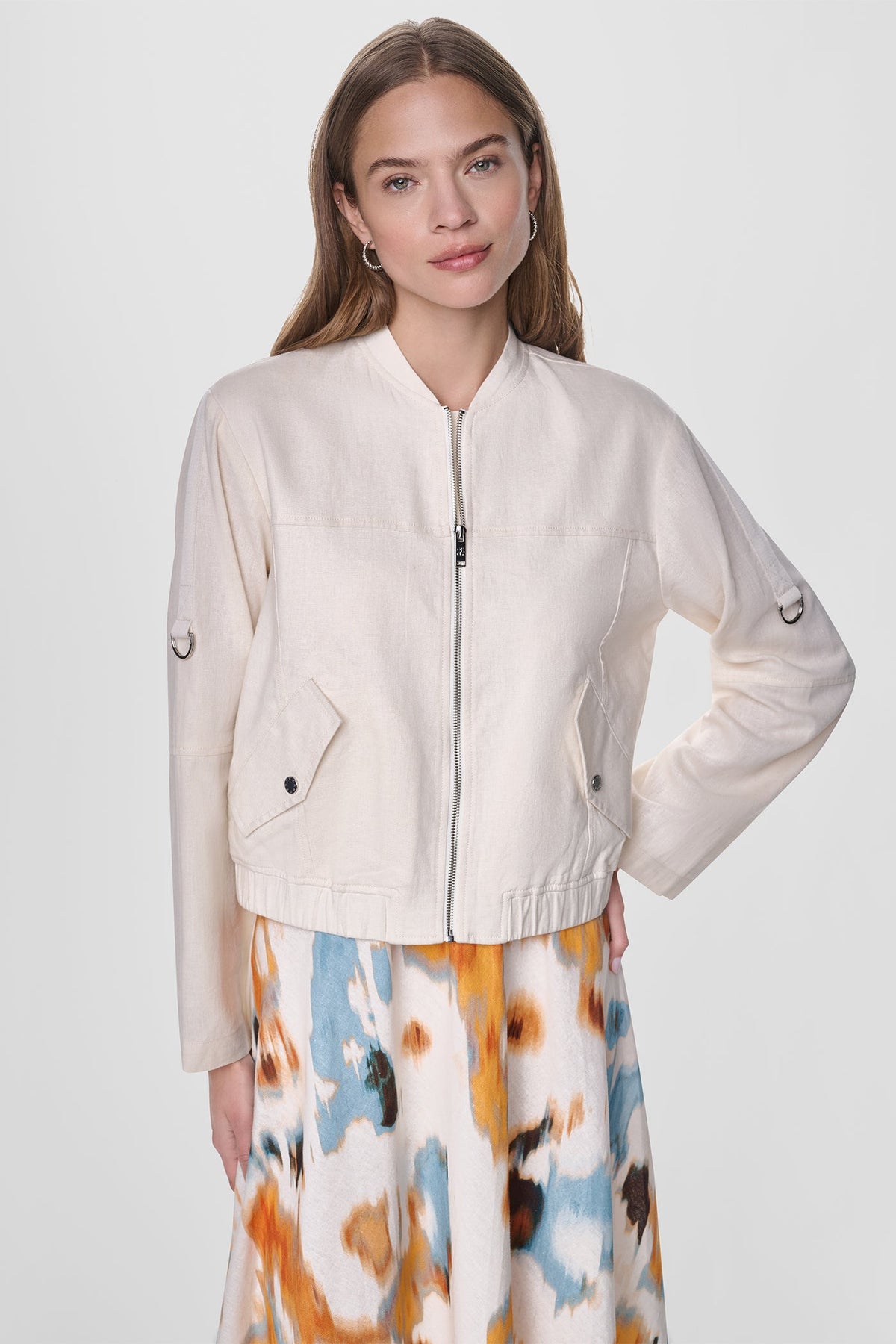LINEN-BLEND ROLL-TAB SLEEVE BOMBER JACKET Coconut | DKNY