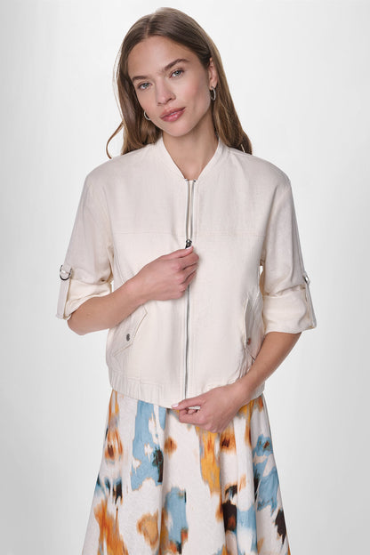 LINEN-BLEND ROLL-TAB SLEEVE BOMBER JACKET Coconut | DKNY