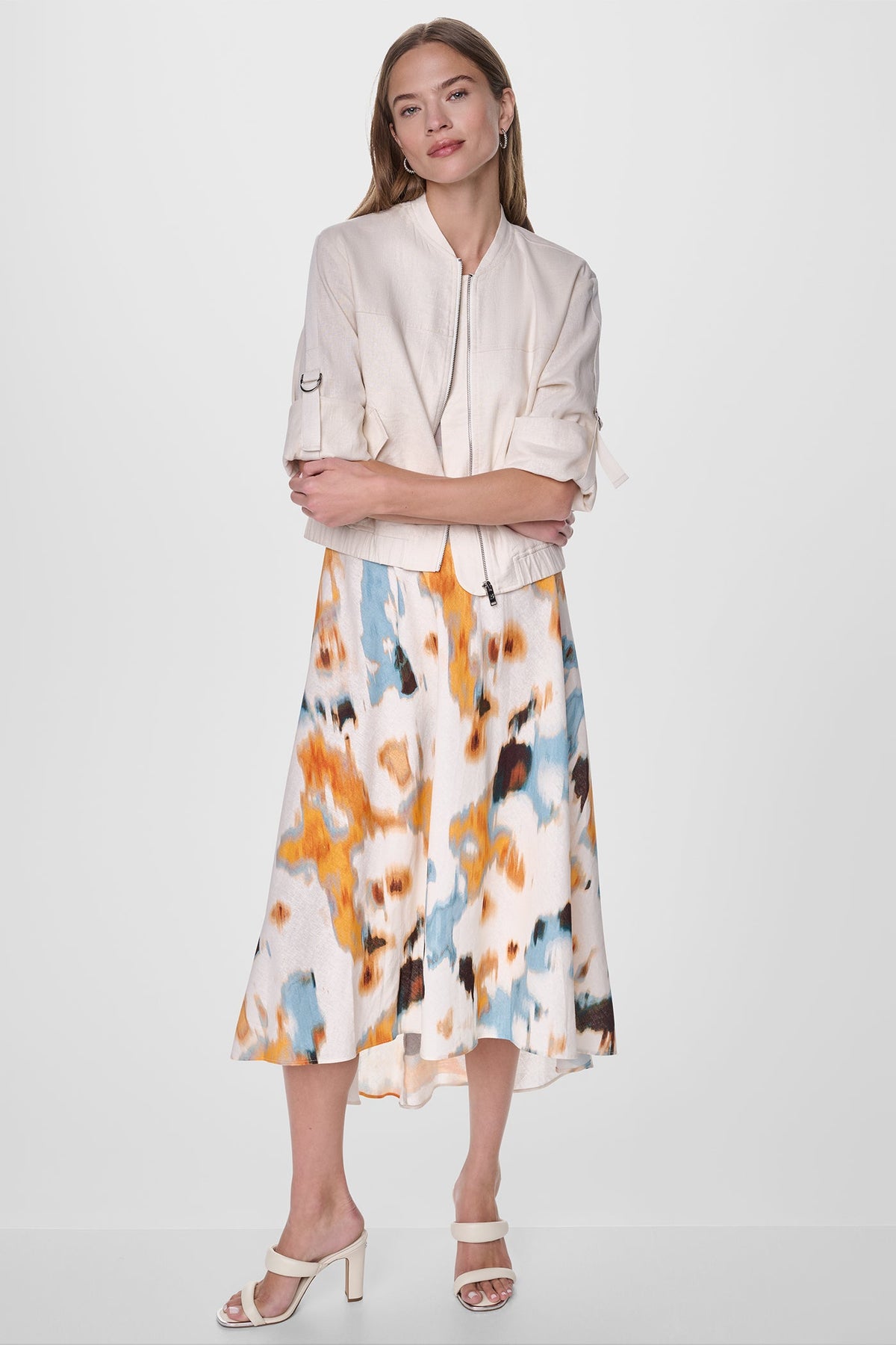 LINEN-BLEND ROLL-TAB SLEEVE BOMBER JACKET Coconut | DKNY