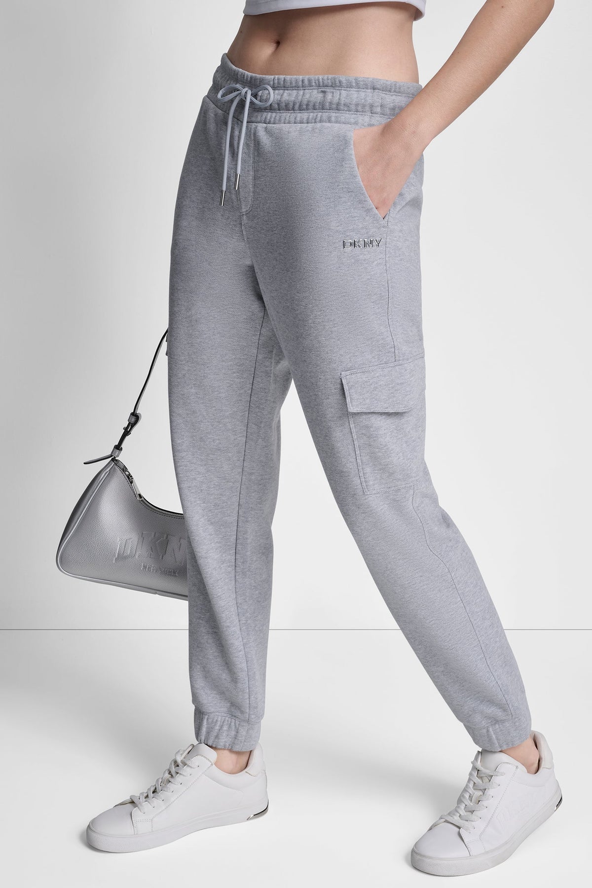 METALLIC BUBBLE LOGO SLIM FIT FLEECE CARGO JOGGER Pearl Grey Heather | DKNY