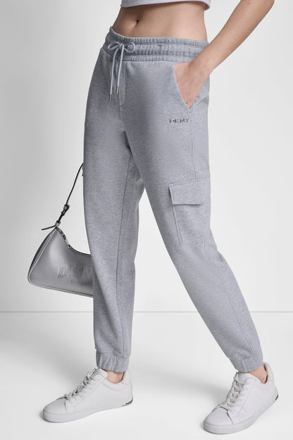 METALLIC BUBBLE LOGO SLIM FIT FLEECE CARGO JOGGER Pearl Grey Heather | DKNY