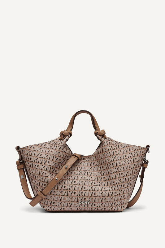 PAULA NEW YORK LOGO SMALL COMMUTER TOTE Black/Saddle | DKNY