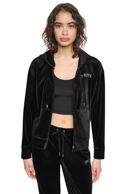 VARSITY VELOUR RHINESTONE LOGO FULL ZIP HOODIE Peacoat | DKNY
