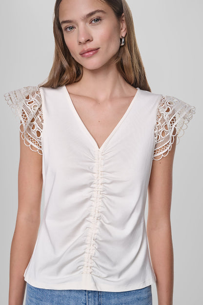 FLUTTER SLEEVE V-NECK TOP Coconut | DKNY