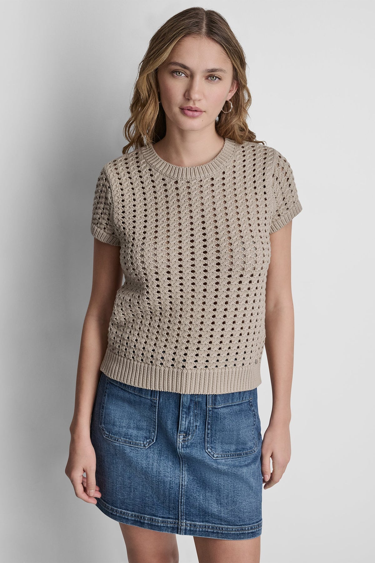 CHUNKY POINTELLE SHORT SLEEVE SWEATER Pastel Yellow | DKNY